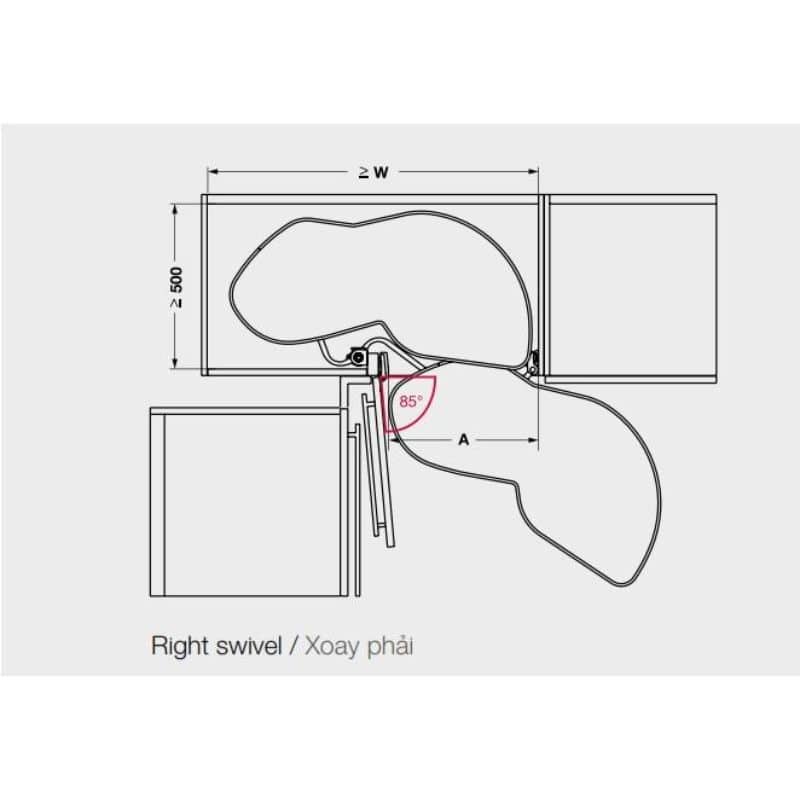 Kích thước bộ rổ góc LEMANS II Hafele 541.29.480, màu đen Kích thước bộ rổ góc LEMANS II Hafele 541.29.480, màu đen