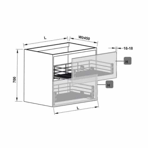 Kích thước bộ rổ kéo gắn với cánh Hafele 549.03.143 cho tủ rộng 500mm