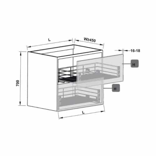 Kích thước bộ rổ kéo Hafele 549.03.133 cho tủ bếp dưới rộng 500mm