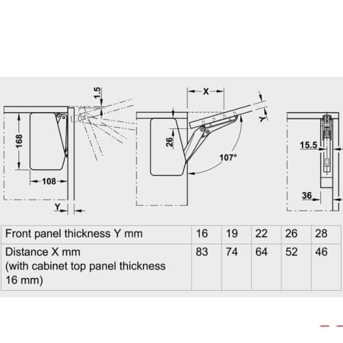 Kích thước bộ tay nâng FREE FLAP 1.7 Hafele 493.05.830 nắp xám
