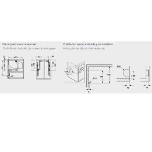 Kích thước bộ tay nâng FREE SWING E Hafele 372.29.714 trắng