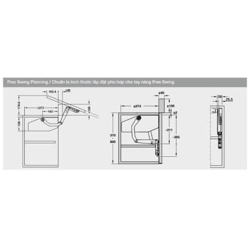 Kích thước bộ tay nâng FREE SWING Hafele 493.05.763, trắng