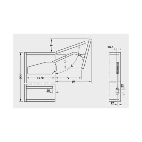Kích thước bộ tay nâng FREE SWING Hafele 493.05.773, đen
