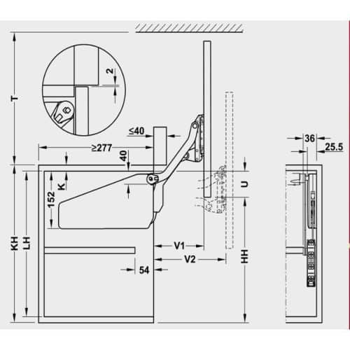 Kích thước bộ tay nâng FREE UP Hafele 493.05.791 nắp trắng