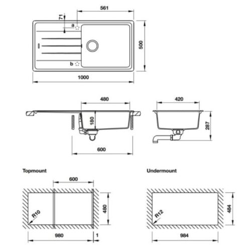Kích thước chậu rửa bát đá 1 hố Hafele HS20-GED1S60 570.32.330 màu đen