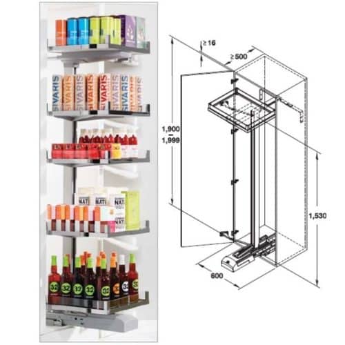 Kích thước phụ kiện tủ bếp Hafele 549.72.106 bộ CONVOY PREMIO 600/1900-2000mm, phải