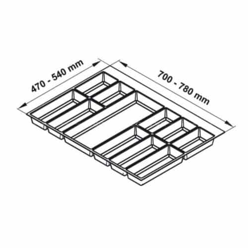 Kích thước khay chia đa năng đựng dao kéo thìa nĩa Hafele 556.52.748