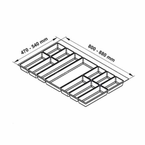 Khay chia đa năng đựng dao kéo thìa nĩa Hafele 556.52.749 3 Kích thước khay chia đa năng đựng dao kéo thìa nĩa Hafele 556.52.749