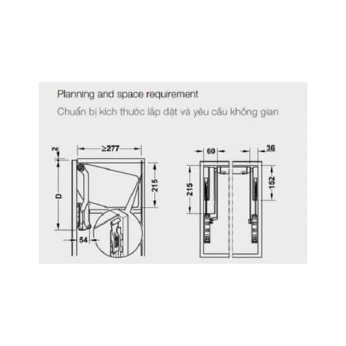 Kích thước bộ tay nâng FREE UP E Hafele 372.29.712 nắp xám