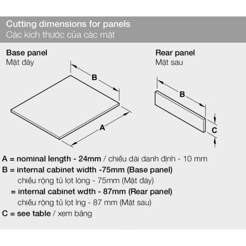 Ray hộp Hafele 552.75.005 Alto màu xám, H84X500MM 6 Kích thước ray hộp Hafele 552.75.005 Alto màu xám, H84X500MM