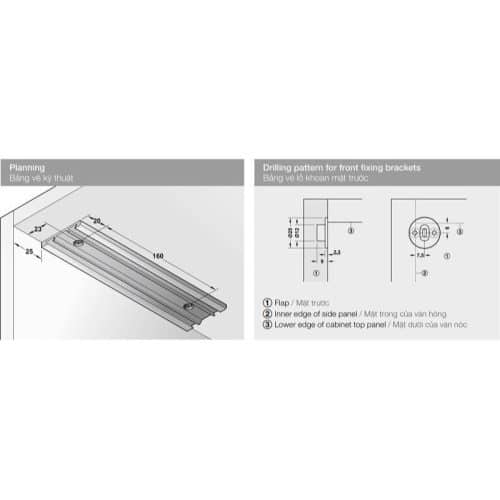 Kích thước phụ kiện cáp đỡ mặt trước với Bas điều chỉnh Hafele 365.46.051