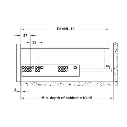 Ray âm giảm chấn EPC EVO mở 3/4 550mm Hafele 433.32.506 5 Kích thước ray âm giảm chấn EPC EVO mở 3/4 550mm Hafele 433.32.506