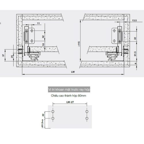 Ray hộp Hafele 552.55.316 Alto-S H80 mm màu xám đậm 4 Lắp đặt ray hộp Hafele 552.55.316 Alto-S H80 mm màu xám đậm