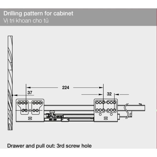 Ray hộp Hafele 552.75.005 Alto màu xám, H84X500MM 7 Vị trí khoan ray hộp Hafele 552.75.005 Alto màu xám, H84X500MM