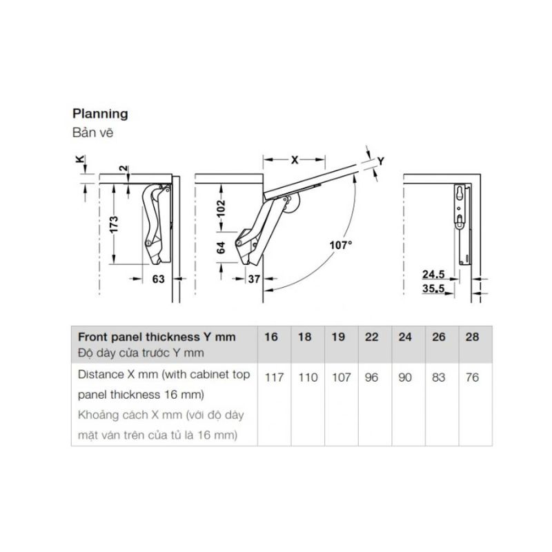 Bản vẽ của tay nâng Hafele Free Space 1.11 E 493.05.913 Bản vẽ của tay nâng Hafele Free Space 1.11 E 493.05.913