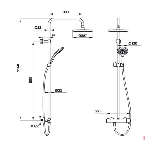 Kích thước thanh sen kết hợp có bộ trộn điều nhiệt Intenslty 227R Hafele 495.60.101