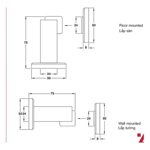 Kích thước chặn cửa nam châm Hafele 938.23.004