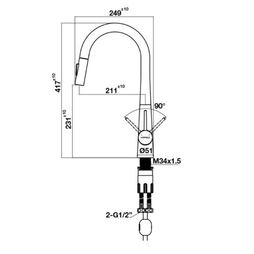 Kích thước vòi rửa bát nóng lạnh Hafele HT24-SH1P417-BR 570.85.041 có dây rút