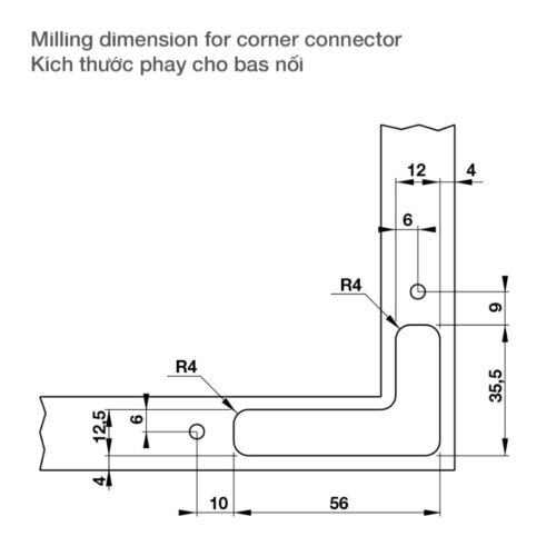 kich thuoc phay bas noi su dung voi khung nhom hafele 342 79 718