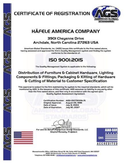 hafele america company tai chung nhan iso 9001 2015 giai doan 2024 2027