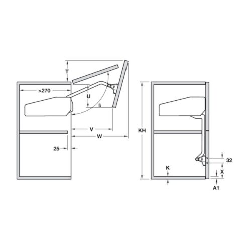 Kích thước bộ hộp lực Hafele 372.38.664