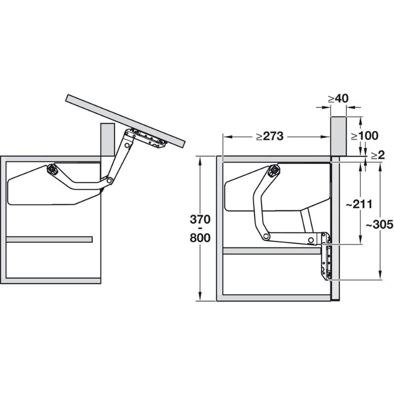Kích thước tay nâng Hafele 372.34.621 Kích thước tay nâng Hafele 372.34.621